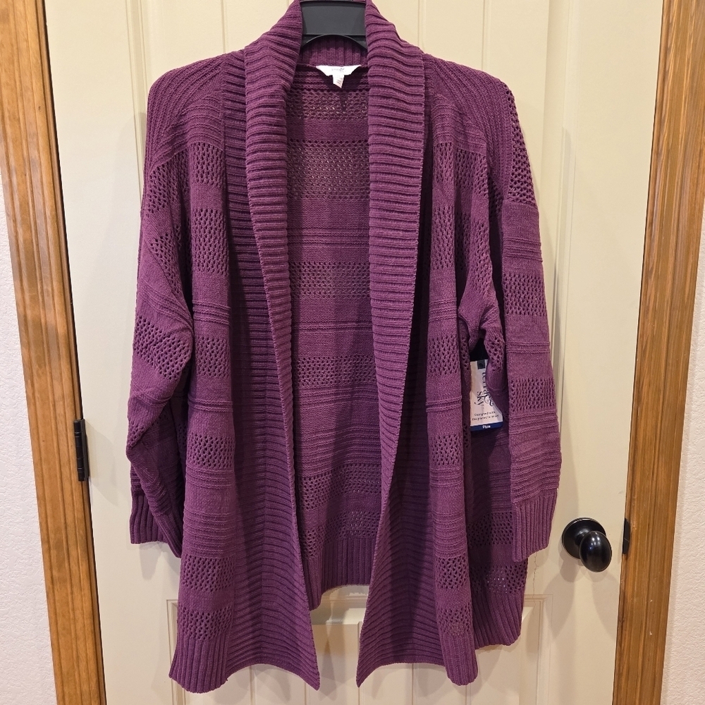 Plus Size 2X Chenille Shawl Cardigan Open Knit  Purple Vivid Plum New Cozy Fall - Picture 3 of 7